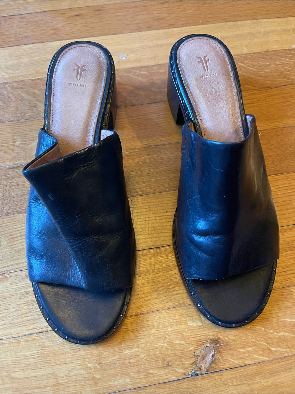 Frye Black Leather Open-Back Studded Mule Heels